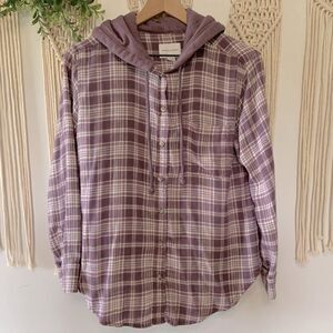 AMERICAN EAGLE Women’s Plaid Button Up Flannel Hoodie Purple Size XS